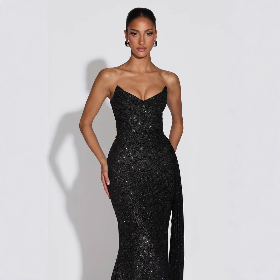 Damen Glamouröses Abendkleid mit tiefem V-Ausschnitt und schimmerndem Überwurf R&B