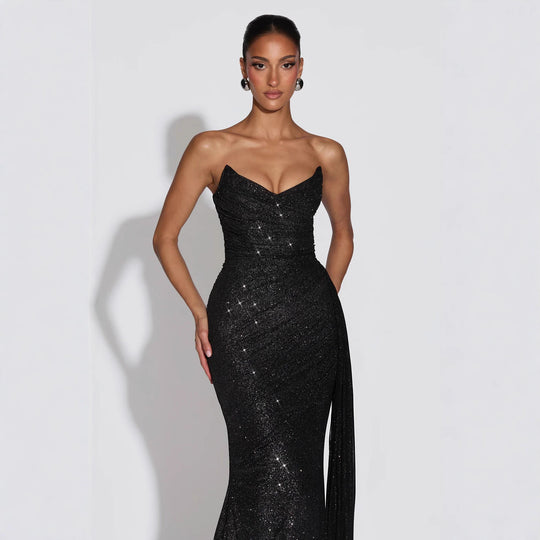 Damen Glamouröses Abendkleid mit tiefem V-Ausschnitt und schimmerndem Überwurf R&B