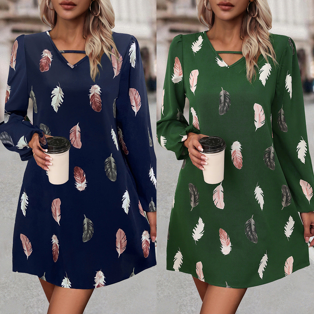 Damen Kleid mit modischem Federprint und edlen V-Ausschnitt R&B