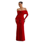 Damen Maxikleid mit schulterfreier Silhouette und dekorativen Rosen R&B