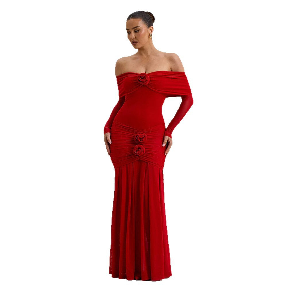 Damen Maxikleid mit schulterfreier Silhouette und dekorativen Rosen R&B