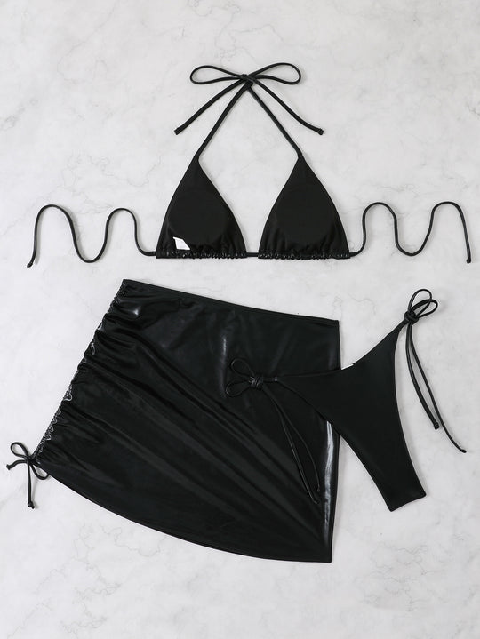 Damen Bikini-Set mit glänzendem Triangel-Oberteil und hohem Taillenschnitt R&B