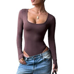 Damen Langarm-Bodysuit mit offenem U-Ausschnitt und figurbetonter Passform R&B