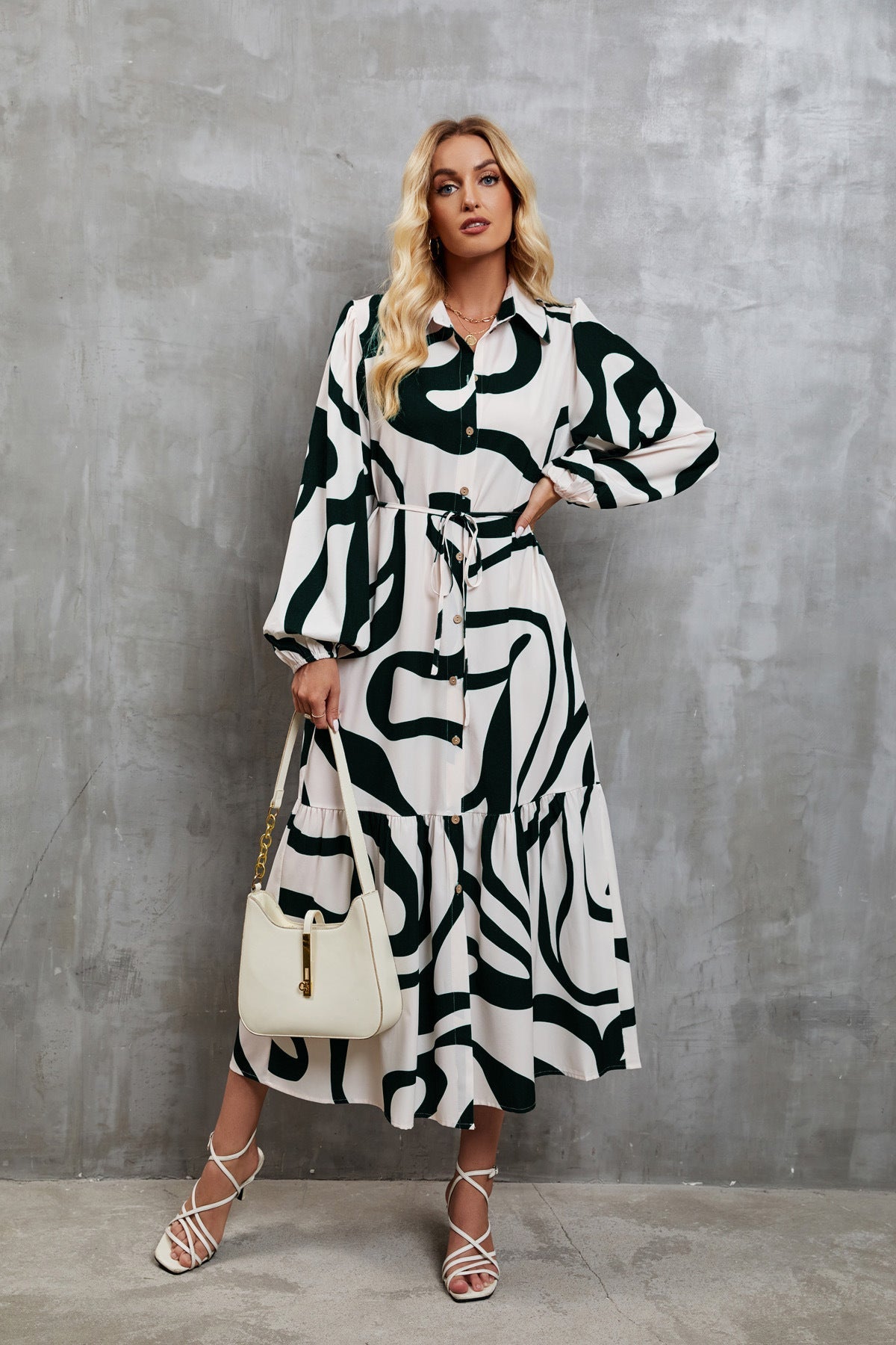 Damen Hemdblusenkleid mit modernem Grafikdruck und taillierter Silhouette R&B