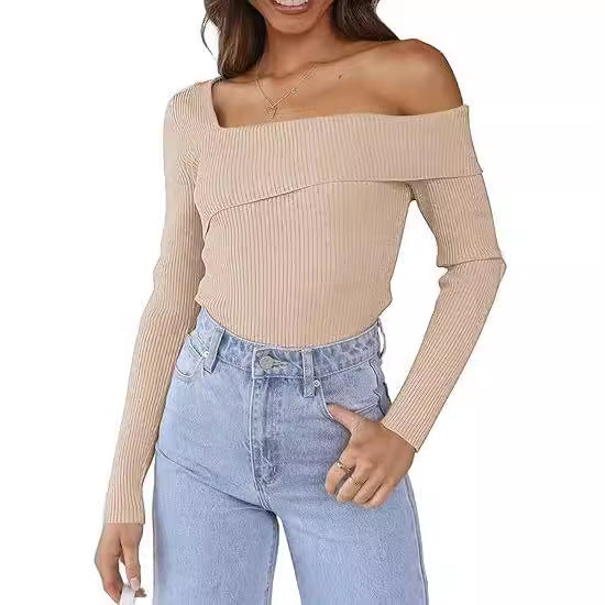 Damen Off-Shoulder Langarmpullover mit Rippstruktur R&B