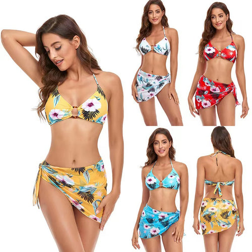 Damen Triangel-Bikini-Set mit modischem Wickelrock und floralem Design R&B
