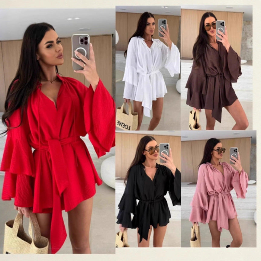 Damen lässiger Kimono mit eleganten Rüschendetails und Taillengürtel R&B