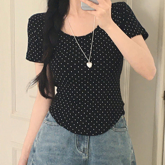 Damen Polka-Dot Shirt mit Rundhalsausschnitt und figurbetontem Schnitt R&B