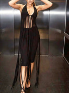 Damen Fransen Bodysuit mit tiefem V-Ausschnitt und eleganten Cut-Outs R&B