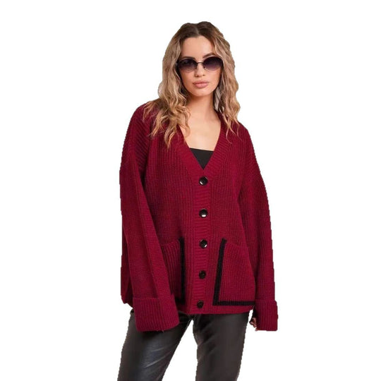 Damen Strickjacke mit großem Kragen und Taschen R&B