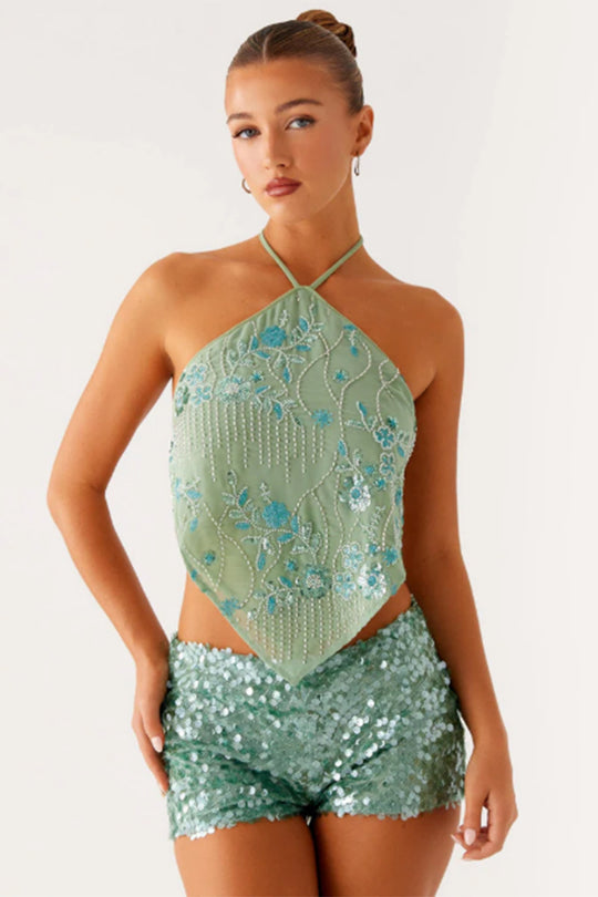 Damen Elegantes Oberteil mit funkelnden Pailletten und floralem Design R&B