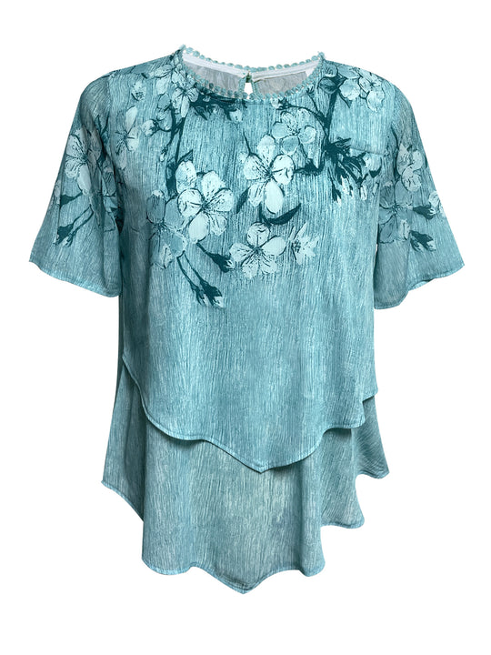 Damen nan zweilagiges Blusenkleid mit asymmetrischem Stufensaum, floraler Druckpasse und Flügelärmeln R&B