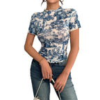 Damen Kurzes T-Shirt mit kreativem Druck und elegantem Stehkragen R&B