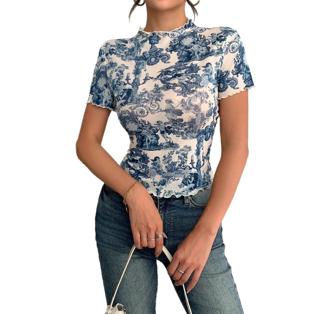 Damen Kurzes T-Shirt mit kreativem Druck und elegantem Stehkragen R&B