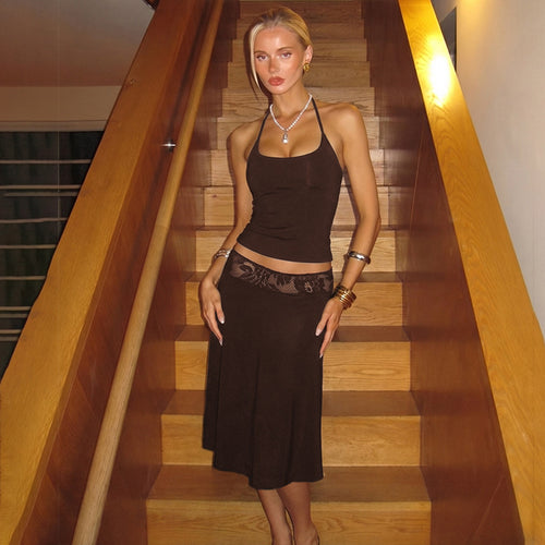 Damen elegantes Trägerkleid mit Spitzenakzent und fließendem Schnitt R&B