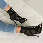 Damen Peeptoe Ankle Boots mit hochmodernem Netzdesign und elegantem Blockabsatz R&B