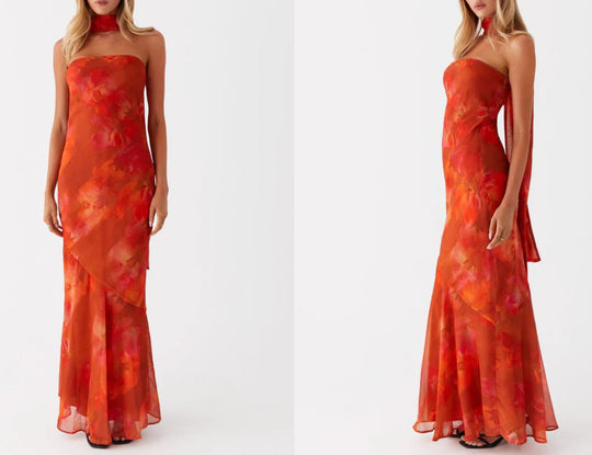 Damen Elegantes Langarm Abendkleid im Blumendesign R&B