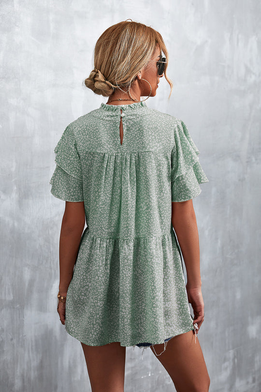 Damen luftiges Freizeitkleid mit voluminösen Rüschen und hohem Stehkragen R&B