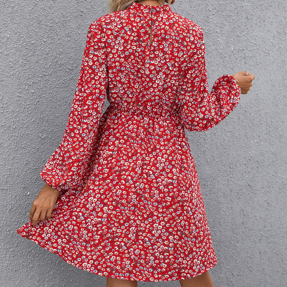Damen florales Midikleid mit hochgeschlossenem Kragen und Taillengürtel R&B