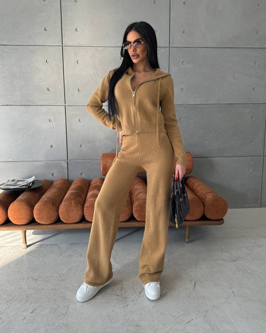 Damen Strickoverall mit modischem Reißverschluss und Kapuze R&B