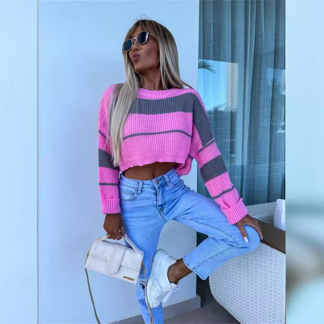 Damen cropped Strickpullover mit modischen Blockstreifen R&B