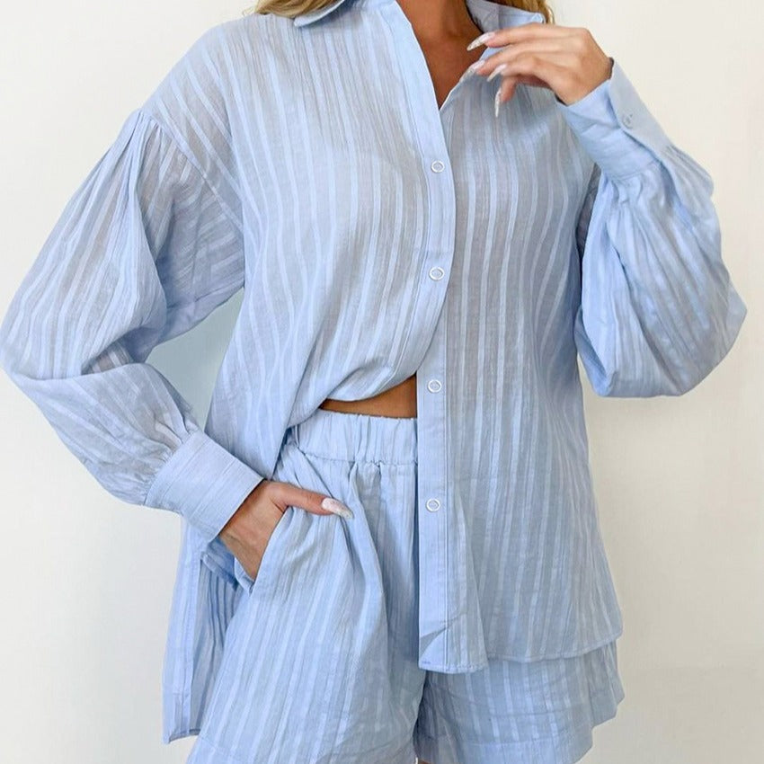 Damen Leichtes Kurzarm-Blusen-Set mit Bund und gestreiftem Design R&B