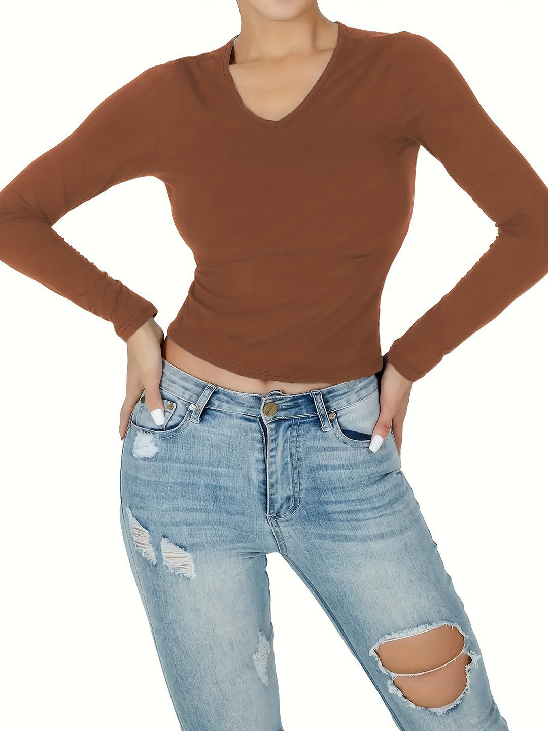 Damen Langarmshirt mit figurbetonter Passform und V-Ausschnitt R&B