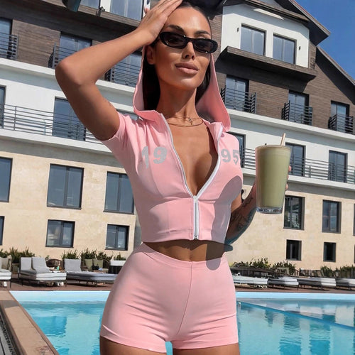 Damen sportliches Zweiteiliges Set mit Kapuzenoberteil und kurzen Shorts R&B