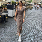 Damen Maxikleid mit kurzem Arm und klassischem Kragen R&B