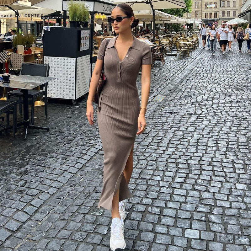 Damen Maxikleid mit kurzem Arm und klassischem Kragen R&B