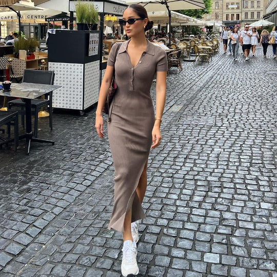 Damen Maxikleid mit kurzem Arm und klassischem Kragen R&B