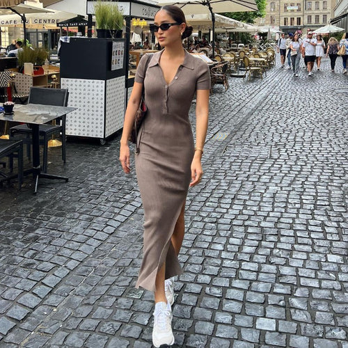 Damen Maxikleid mit kurzem Arm und klassischem Kragen R&B