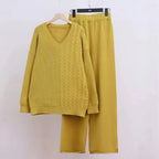 Damen Kuscheliges Strickensemble mit V-Ausschnitt und weitem Bein