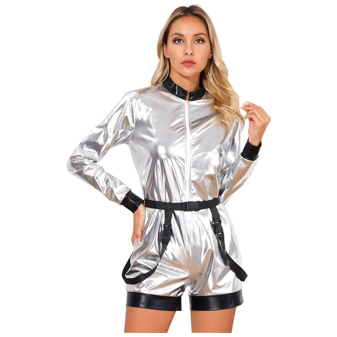 Damen Futuristischer Glanz-Jumpsuit mit Reißverschluss und abnehmbarem Gürtel R&B