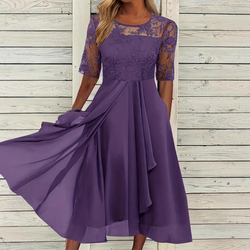 Damen Elegantes Midikleid mit Spitzenärmeln und schwingendem Rock R&B