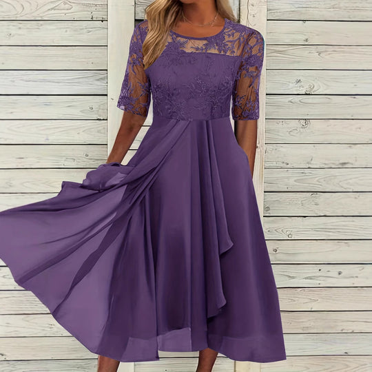 Damen Elegantes Midikleid mit Spitzenärmeln und schwingendem Rock R&B