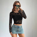Damen Transparente Langarmbluse mit floralem Design R&B