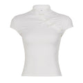 Damen elegantes Kurzarm-Top mit hochgeschlossenem Kragen und feinen Spitzeinsätzen R&B