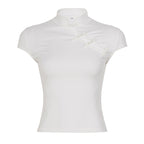 Damen elegantes Kurzarm-Top mit hochgeschlossenem Kragen und feinen Spitzeinsätzen R&B