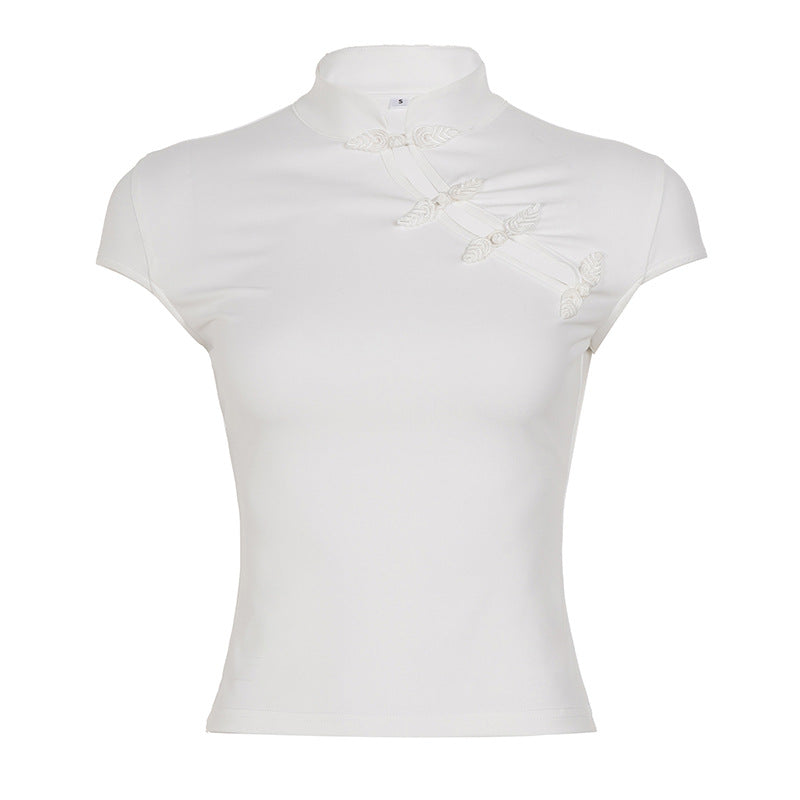 Damen elegantes Kurzarm-Top mit hochgeschlossenem Kragen und feinen Spitzeinsätzen R&B
