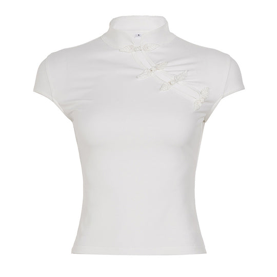 Damen elegantes Kurzarm-Top mit hochgeschlossenem Kragen und feinen Spitzeinsätzen R&B
