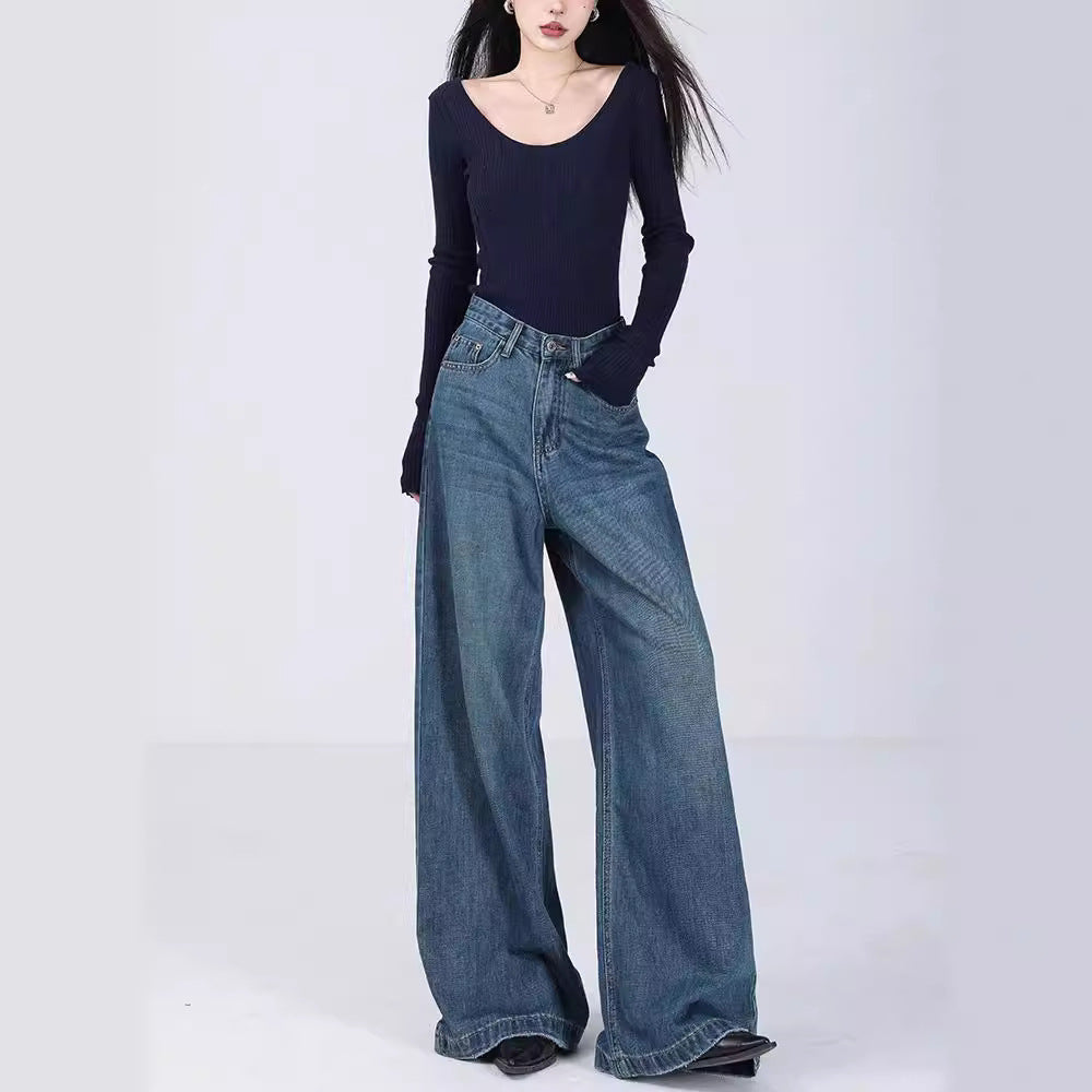 Damen Weite High-Waist Jeans mit tiefem Schritt und elegantem Schnitt R&B