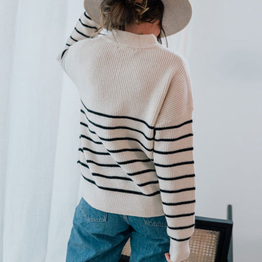 Damen Strickpullover mit halbem Reißverschluss und Streifenmuster R&B