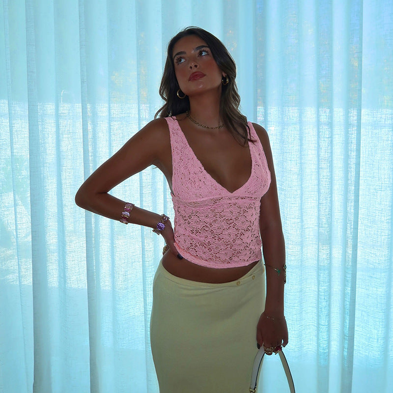 Damen Spitzen-Crop-Top mit tiefem V-Ausschnitt und Rüschendesign R&B