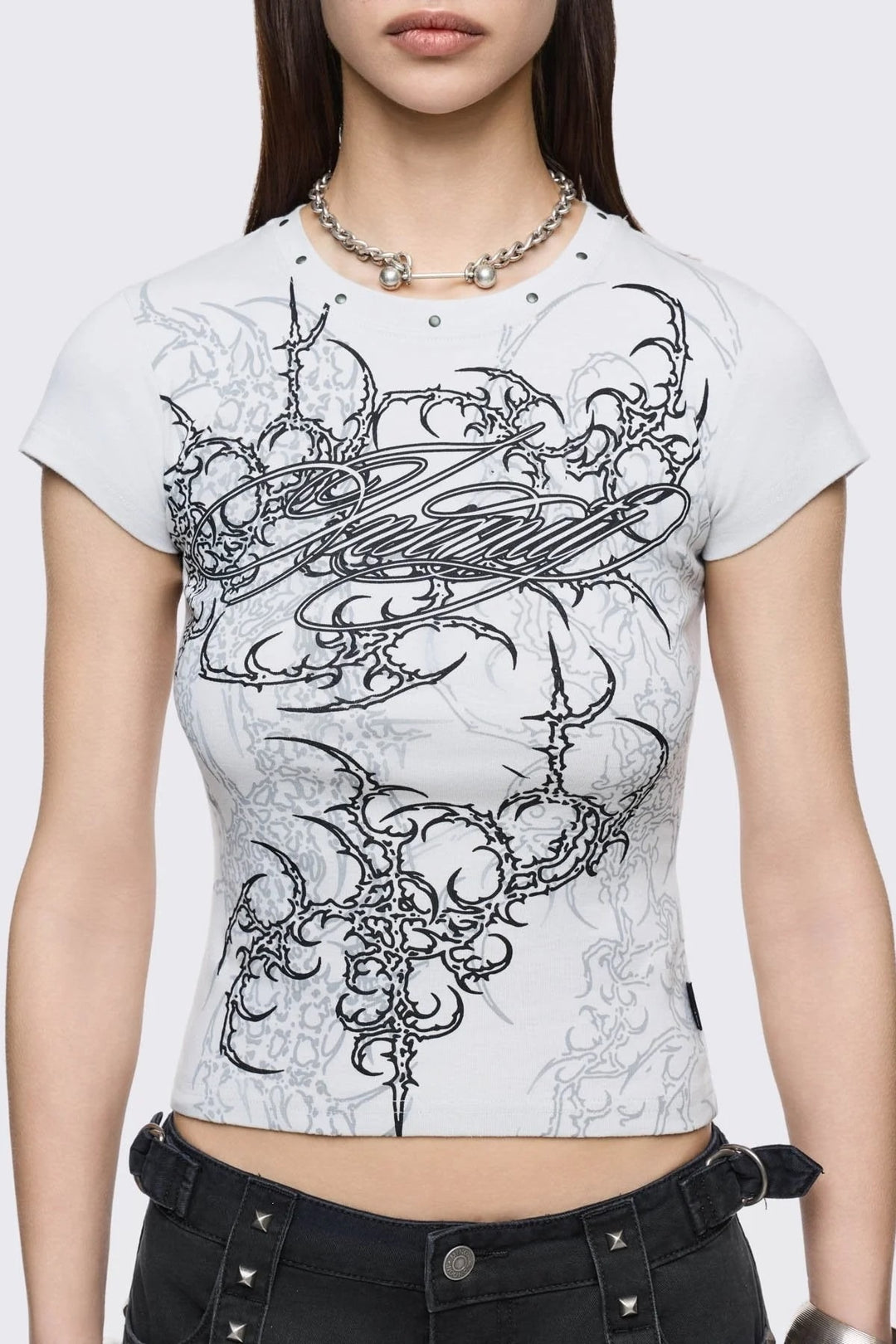 Damen Figurbetontes Kurzarm-T-Shirt mit Grafischem Design R&B