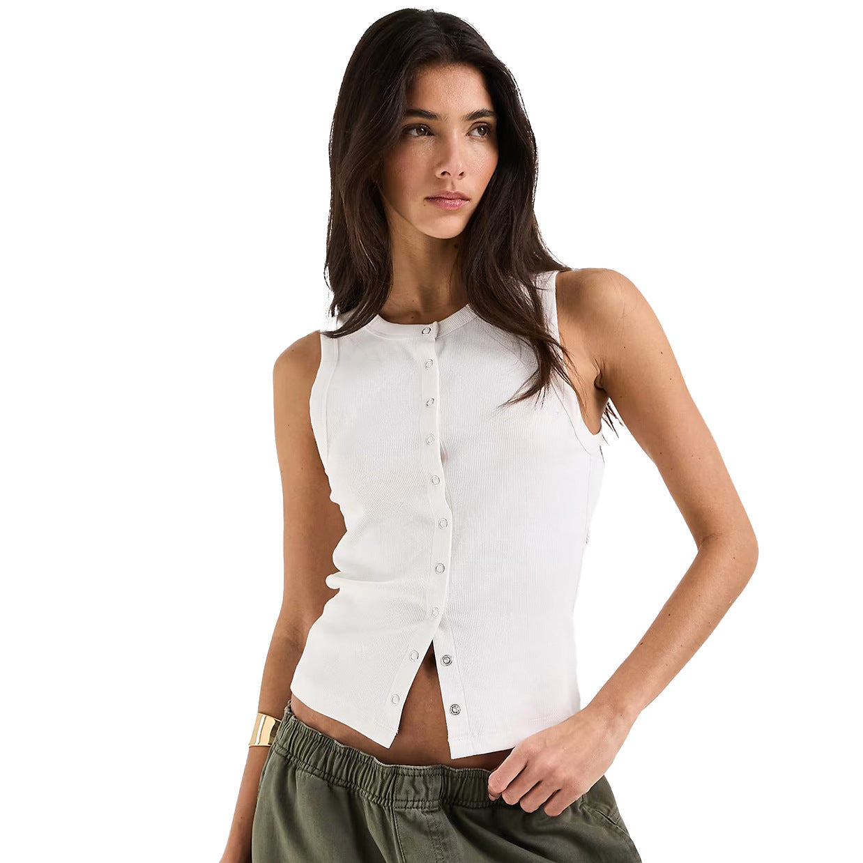 Damen Ärmelloses Rippenshirt mit durchgehender Knopfleiste R&B