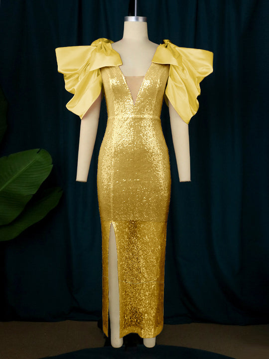 Damen Figurbetontes Glamour-Kleid mit schimmerndem Stoff und voluminösen Ärmeln R&B