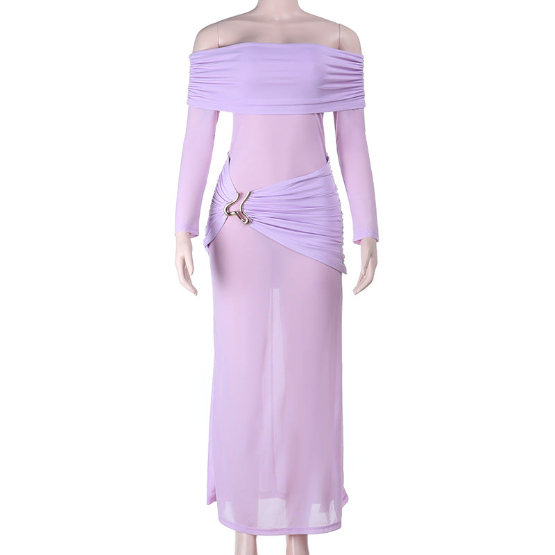 Damen elegantes schulterfreies Maxikleid mit raffinierten Drapierungsdetails R&B