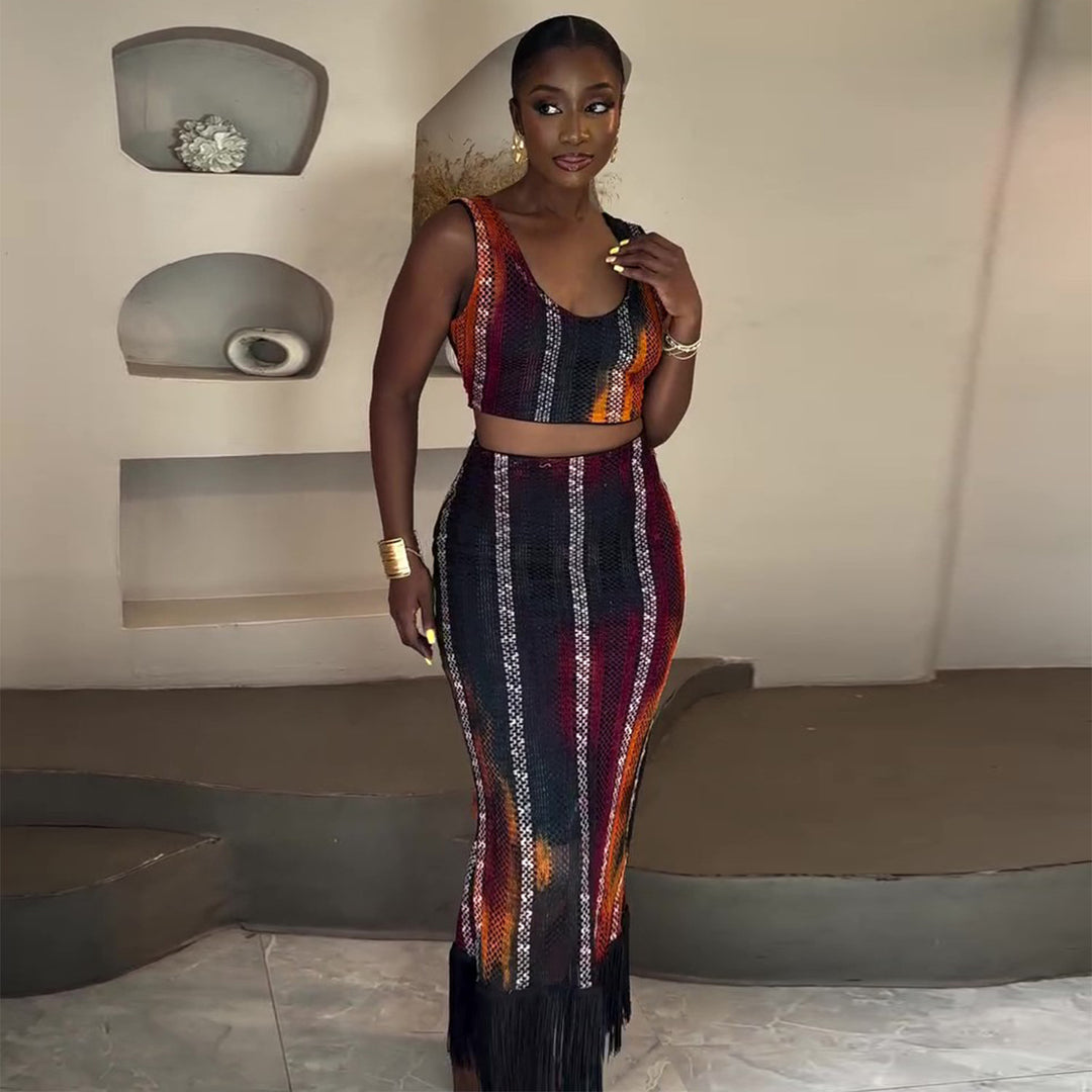 Damen Zweiteiliges Festliches Outfit mit Fransendetails R&B