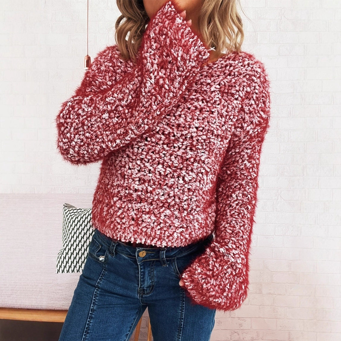Damen kuscheliger Strickpullover mit auffälligem Flauschdesign und weitem Schnitt R&B